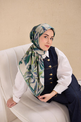 Twill Silk Scarf, Navy Blue, Green Tones, Patterned, Firm Structure, 90x90 cm.