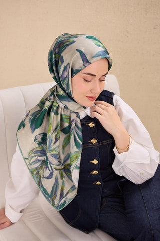 Twill Silk Scarf, Navy Blue, Green Tones, Patterned, Firm Structure, 90x90 cm.