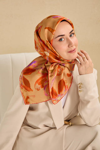 Twill Silk Scarf, Navy Blue, Green Tones, Patterned, Firm Structure, 90x90 cm.