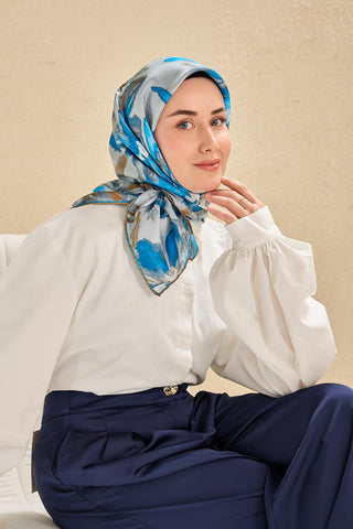 Twill Silk Scarf, Navy Blue, Green Tones, Patterned, Firm Structure, 90x90 cm.