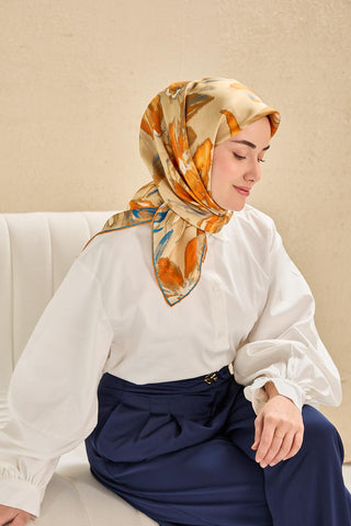 Twill Silk Scarf, Navy Blue, Green Tones, Patterned, Firm Structure, 90x90 cm.