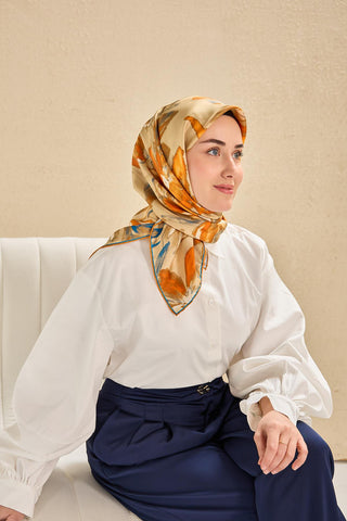 Twill Silk Scarf, Navy Blue, Green Tones, Patterned, Firm Structure, 90x90 cm.
