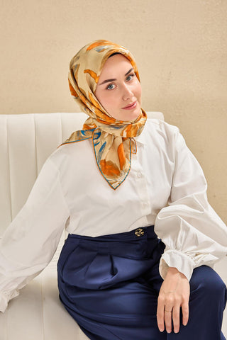 Twill Silk Scarf, Navy Blue, Green Tones, Patterned, Firm Structure, 90x90 cm.