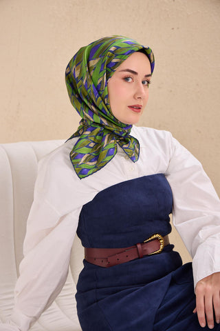 Twill İpek Eşarp Serenit Mor Yeşil 90x90 - Twill İpek Eşarp - | Silk Home