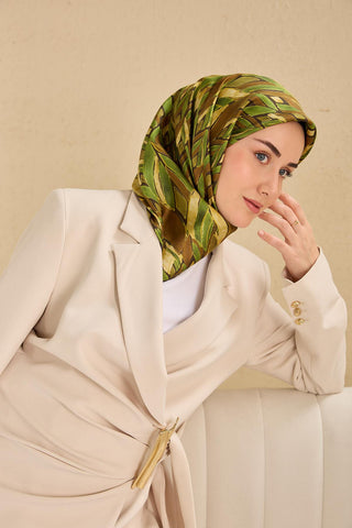 Twill Silk Scarf, Navy Blue, Green Tones, Patterned, Firm Structure, 90x90 cm.