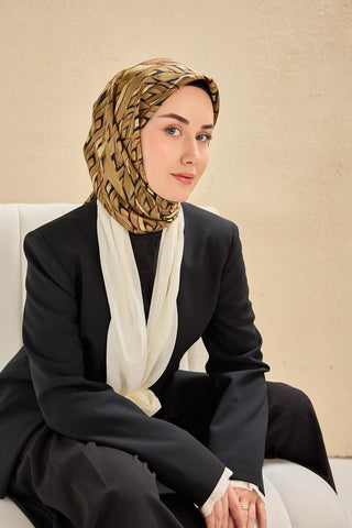 Twill İpek Eşarp Serenit Yeşil Bej 90x90 - Twill İpek Eşarp - | Silk Home
