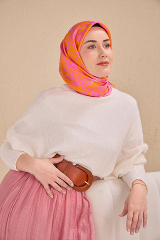 Twill İpek Eşarp Samanyolu Turuncu Pembe 90x90 - Twill İpek Eşarp - | Silk Home