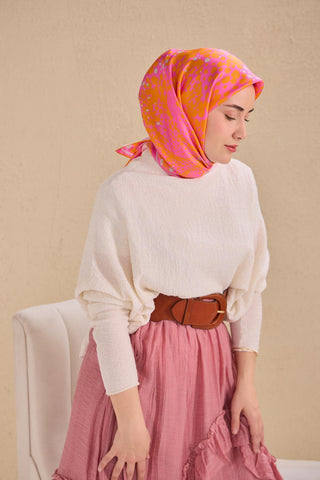 Twill İpek Eşarp Samanyolu Turuncu Pembe 90x90 - Twill İpek Eşarp - | Silk Home