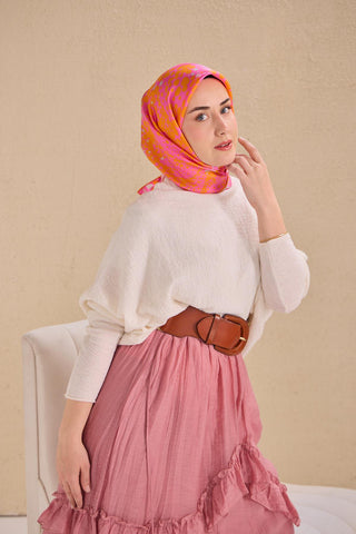 Twill İpek Eşarp Samanyolu Turuncu Pembe 90x90 - Twill İpek Eşarp - | Silk Home
