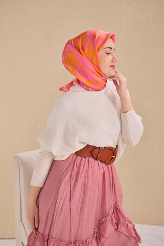 Twill İpek Eşarp Samanyolu Turuncu Pembe 90x90 - Twill İpek Eşarp - | Silk Home