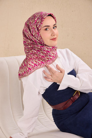 Twill İpek Eşarp Yaprak Ritmi Krem Pembe 90x90