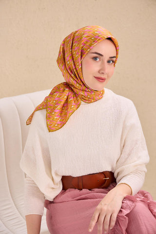 Twill İpek Eşarp Yaprak Ritmi Koyu Turuncu 90x90