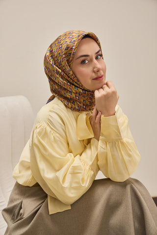 Twill İpek Eşarp Yaprak Ritmi Taba Sarı 90x90