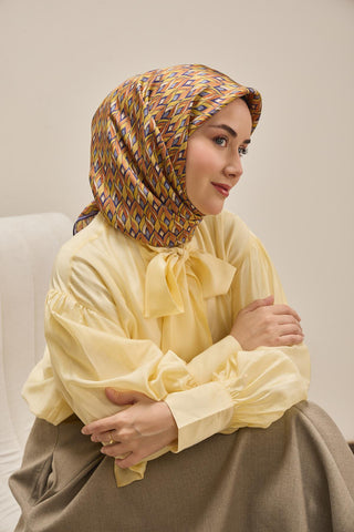 Twill İpek Eşarp Yaprak Ritmi Taba Sarı 90x90