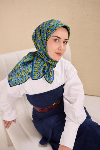 Twill Silk Scarf, Navy Blue, Green Tones, Patterned, Firm Structure, 90x90 cm.