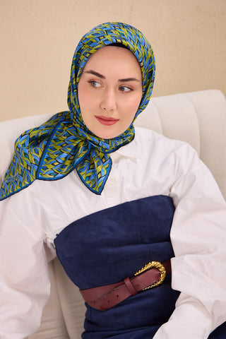 Twill Silk Scarf, Navy Blue, Green Tones, Patterned, Firm Structure, 90x90 cm.