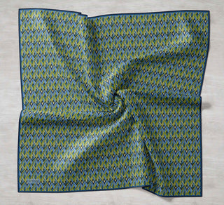 Twill Silk Scarf, Navy Blue, Green Tones, Patterned, Firm Structure, 90x90 cm.