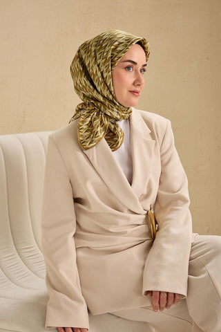 Twill İpek Eşarp Yaprak Ritmi Haki Gri 90x90