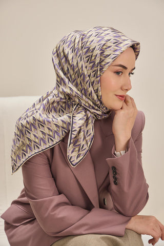 Twill Silk Scarf, Navy Blue, Green Tones, Patterned, Firm Structure, 90x90 cm.