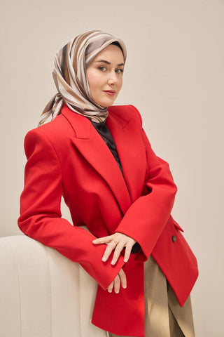 Twill İpek Eşarp Kıvrımlı Şerit Sütlü Kahve 90x90 - Twill İpek Eşarp - | Silk Home