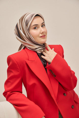 Twill İpek Eşarp Kıvrımlı Şerit Sütlü Kahve 90x90 - Twill İpek Eşarp - | Silk Home