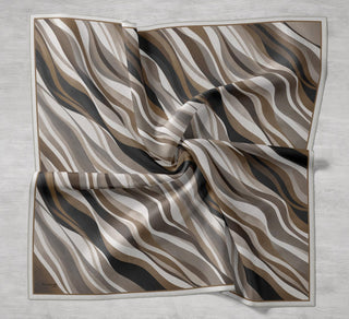 Twill İpek Eşarp Kıvrımlı Şerit Sütlü Kahve 90x90 - Twill İpek Eşarp - | Silk Home
