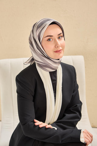 Twill İpek Eşarp Kıvrımlı Şerit Gri 90x90 - Twill İpek Eşarp - | Silk Home