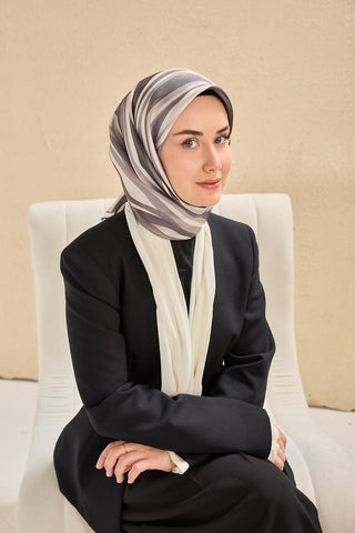 Twill İpek Eşarp Kıvrımlı Şerit Gri 90x90 - Twill İpek Eşarp - | Silk Home