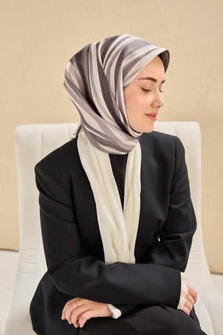 Twill İpek Eşarp Kıvrımlı Şerit Gri 90x90 - Twill İpek Eşarp - | Silk Home
