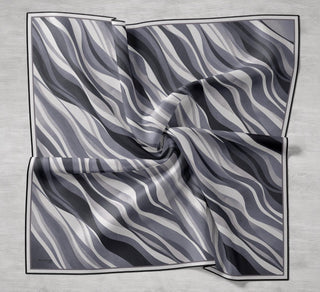 Twill İpek Eşarp Kıvrımlı Şerit Gri 90x90 - Twill İpek Eşarp - | Silk Home