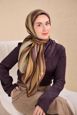 Twill Silk Scarf, Navy Blue, Green Tones, Patterned, Firm Structure, 90x90 cm.
