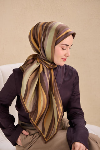 Twill İpek Eşarp Kıvrımlı Şerit Gece Kahve Mor 90x90 - Twill İpek Eşarp - | Silk Home