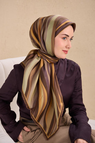 Twill İpek Eşarp Kıvrımlı Şerit Gece Kahve Mor 90x90 - Twill İpek Eşarp - | Silk Home