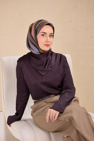Twill İpek Eşarp Kıvrımlı Şerit Yeşil Kahve 90x90 - Twill İpek Eşarp - | Silk Home