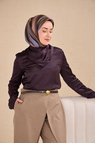 Twill İpek Eşarp Kıvrımlı Şerit Yeşil Kahve 90x90 - Twill İpek Eşarp - | Silk Home