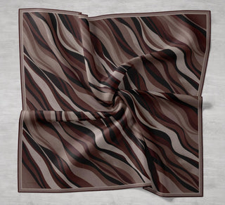 Twill İpek Eşarp Kıvrımlı Şerit Yeşil Kahve 90x90 - Twill İpek Eşarp - | Silk Home