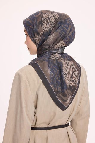 Viscose Velora Scarf, Four Seasons Kilim Pattern, Light Gray, 90x90 cm 