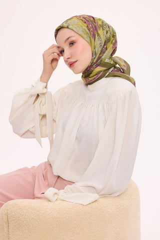 Viskon Velora Eşarp Dört Mevsim Dalga İzi Desen Yağ Yeşili 90X90 - Velora Eşarp - | Silk Home