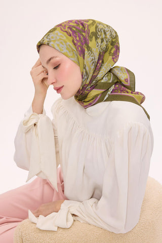 Viskon Velora Eşarp Dört Mevsim Dalga İzi Desen Yağ Yeşili 90X90 - Velora Eşarp - | Silk Home