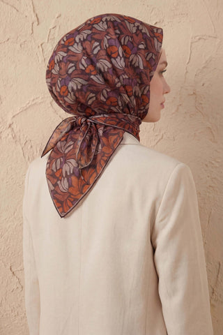 Soft Eşarp Floral Line Acı Kahve 90x90 - Soft Eşarp - | Silk Home