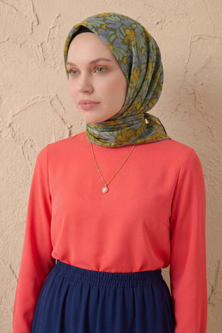Soft Eşarp Floral Line Çimen Yeşili 90x90 - Soft Eşarp - | Silk Home