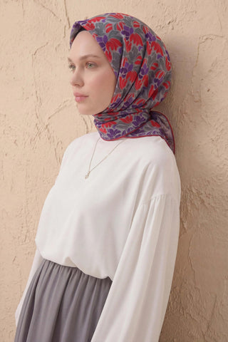 Soft Eşarp Floral Line Gri 90x90 - Soft Eşarp - | Silk Home