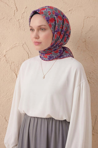 Soft Eşarp Floral Line Gri 90x90 - Soft Eşarp - | Silk Home