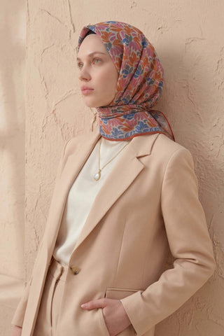 Soft Eşarp Floral Line Gümüş 90x90 - Soft Eşarp - | Silk Home