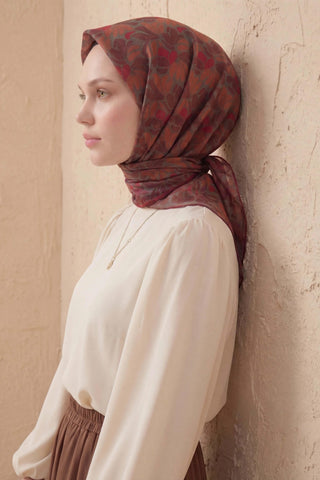Soft Eşarp Floral Line Kiremit 90x90 - Soft Eşarp - | Silk Home