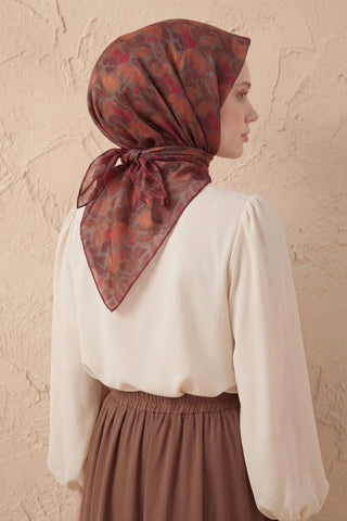 Soft Eşarp Floral Line Kiremit 90x90 - Soft Eşarp - | Silk Home