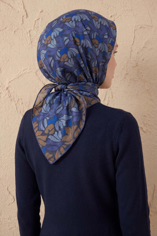 Soft Eşarp Floral Line Koyu Indigo 90x90 - Soft Eşarp - | Silk Home