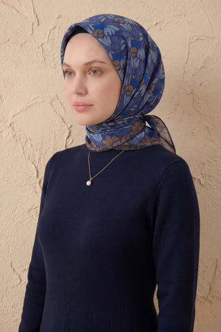 Soft Eşarp Floral Line Koyu Indigo 90x90 - Soft Eşarp - | Silk Home