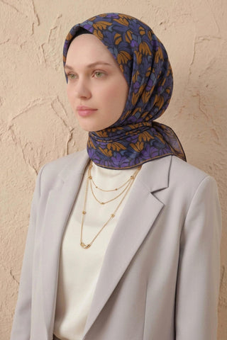 Soft Eşarp Floral Line Koyu Lacivert 90x90 - Soft Eşarp - | Silk Home