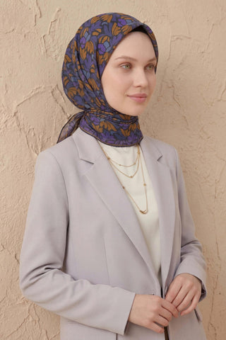 Soft Eşarp Floral Line Koyu Lacivert 90x90 - Soft Eşarp - | Silk Home